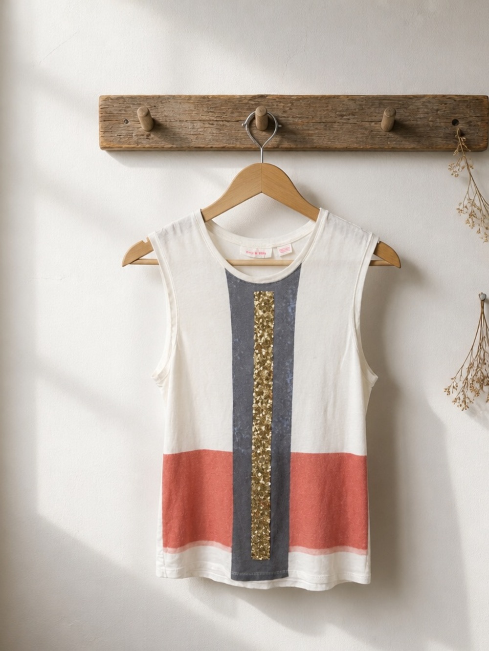 sass & bide Cream Tank with Coral Band and Gold Sequin Stripe